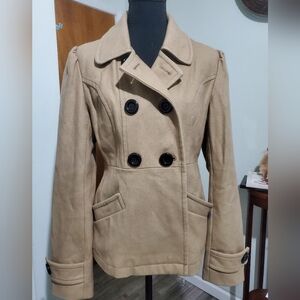 Tulle Camel Wool Blend Pea Coat Medium Double Breasted Belted Jacket